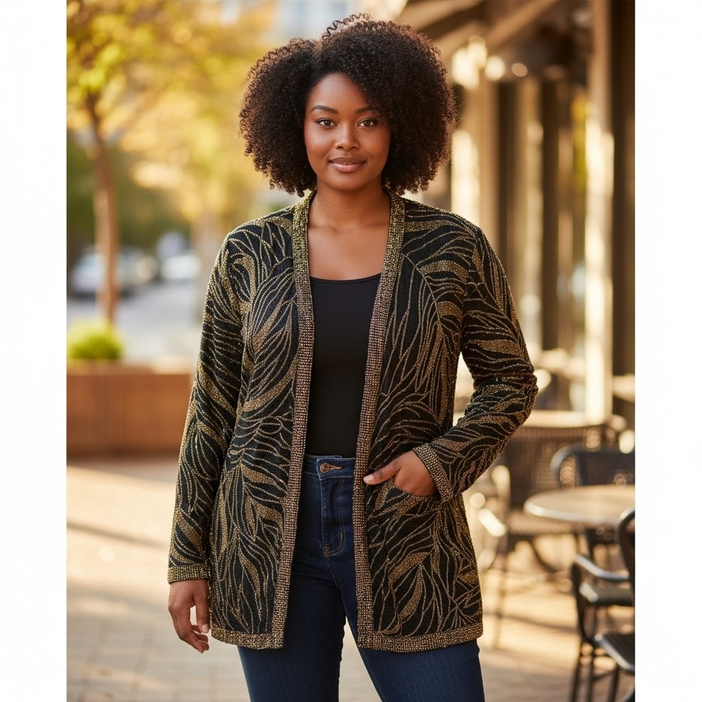 Vintage Black and Gold Beaded Trophy Jacket | Nights New York | Size Large